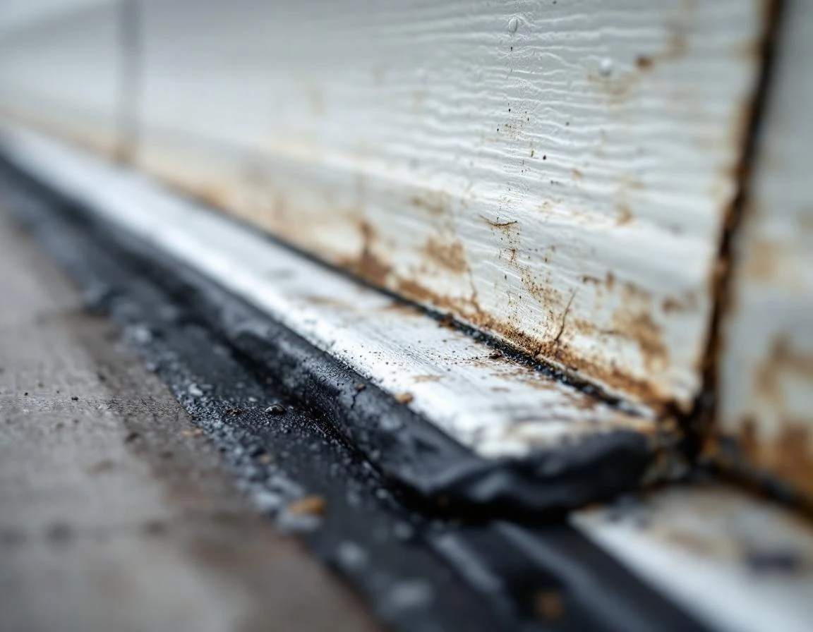 Cracked weatherstripping on manufactured home garage door showing moisture and salt air damage