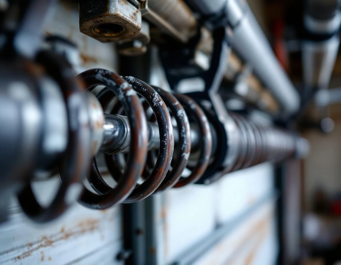 Heavy-duty garage door torsion spring showing winter weathering and industrial construction details