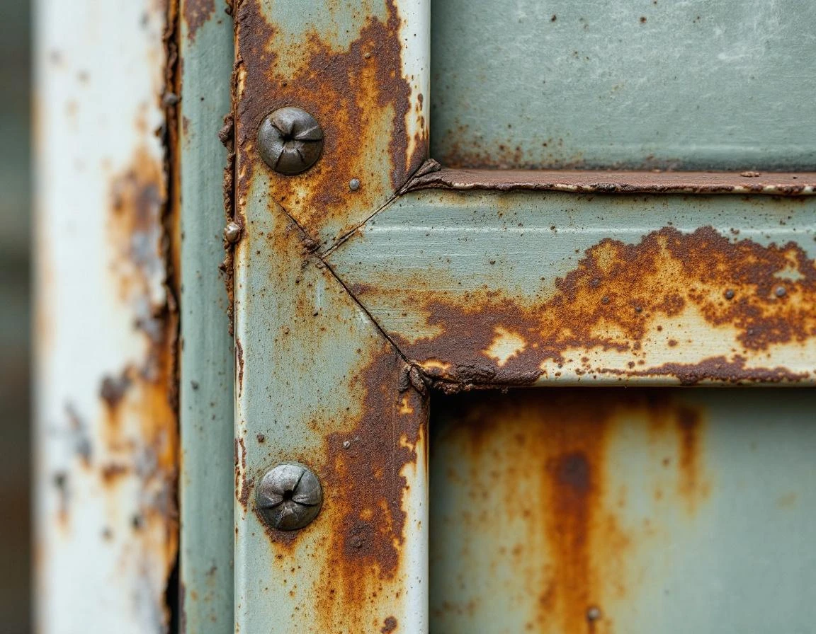 Rusted corner trim on mid-century garage door showing paint failure and corrosion from moisture exposure