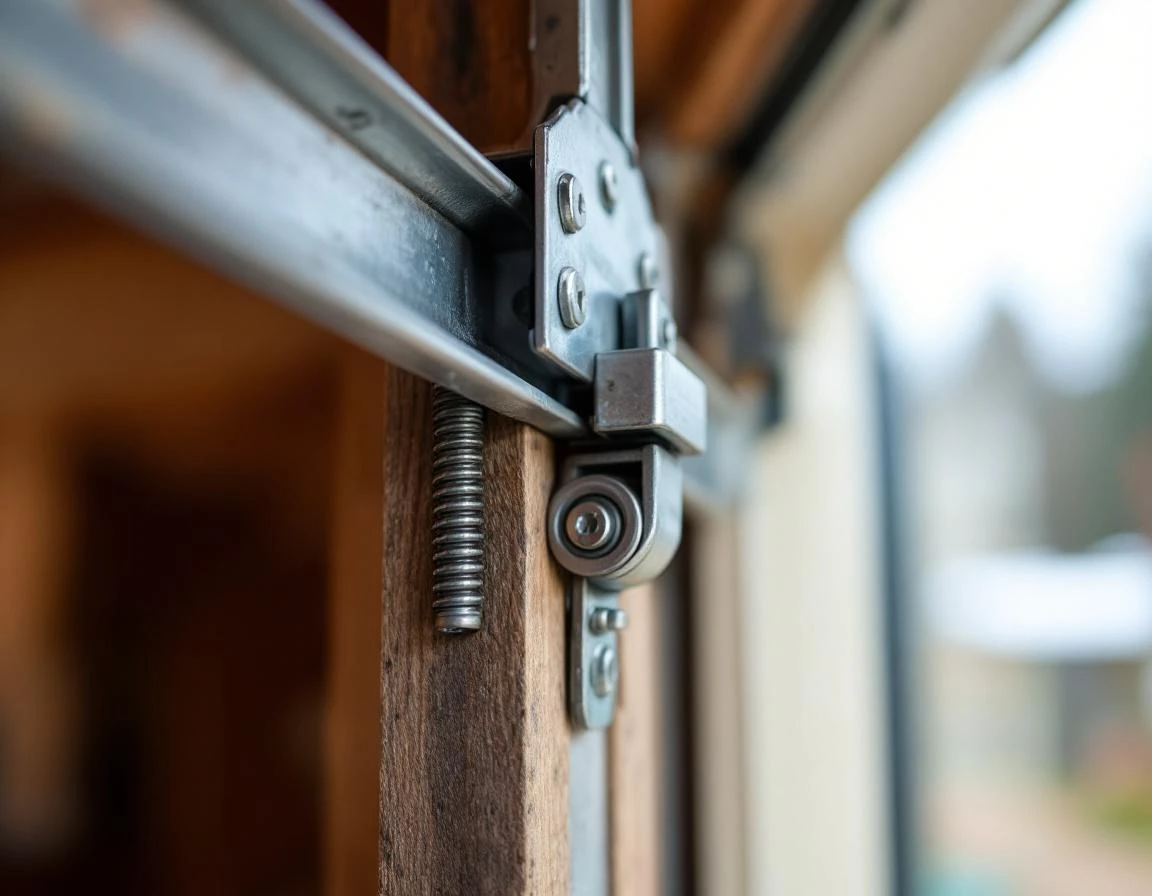 Garage door track roller and hinge assembly showing alignment inspection points for wind-resistant installation