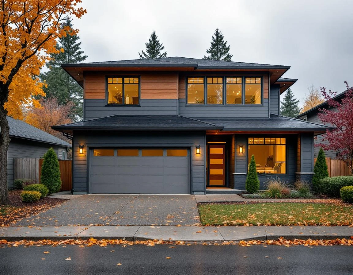 Contemporary European-style home with two-car garage in Villebois neighborhood during fall season