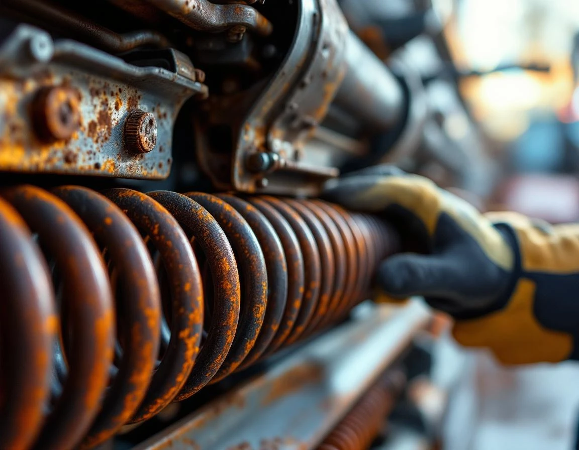Rusted garage door torsion spring being inspected in late autumn before winter temperature swings
