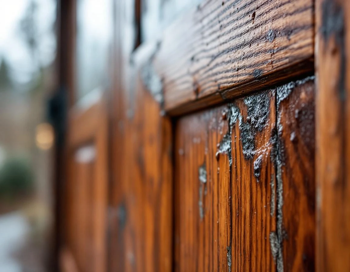 Close-up of wood garage door panel showing early moisture damage and finish deterioration common in spring