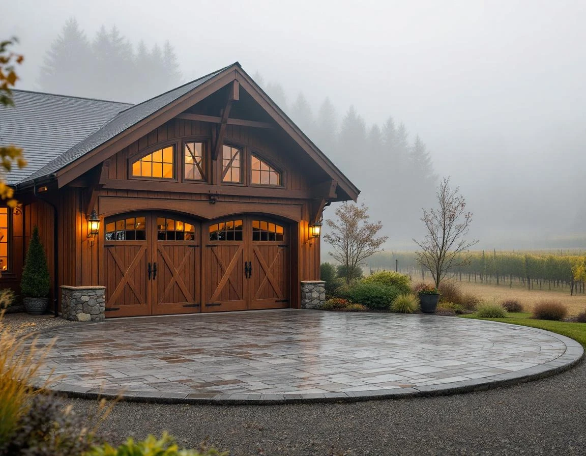 Custom wooden carriage doors on wine country garage with fog-resistant finish and vineyard backdrop in Dundee