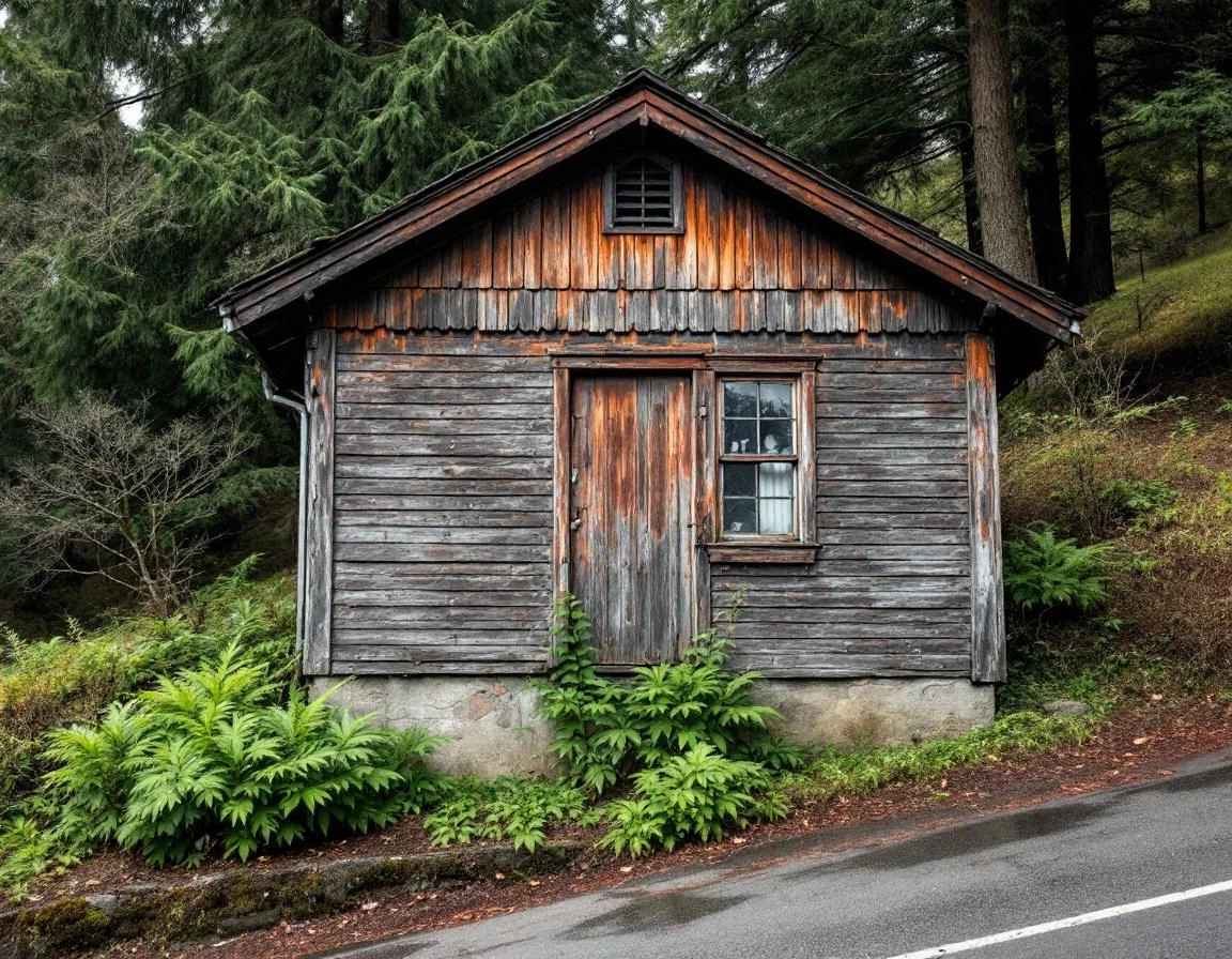 Weathered hillside garage in Oregon City showing foundation settling and period cedar siding construction