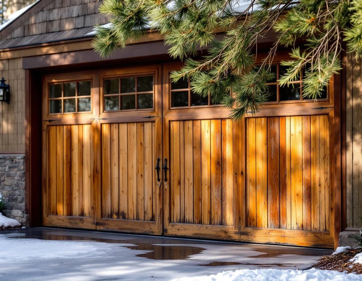 Rustic cedar garage door showing freeze-thaw cracks and moisture damage with Three Sisters mountains in background