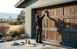 Homeowner inspecting garage door weather stripping on wooden door in Goldendale's high desert climate