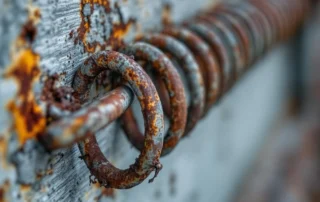 Corroded garage door torsion spring showing rust damage from Central Oregon freeze-thaw cycles