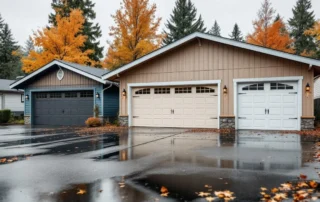 Three rust-resistant garage doors showing different material finishes in wet Pacific Northwest climate