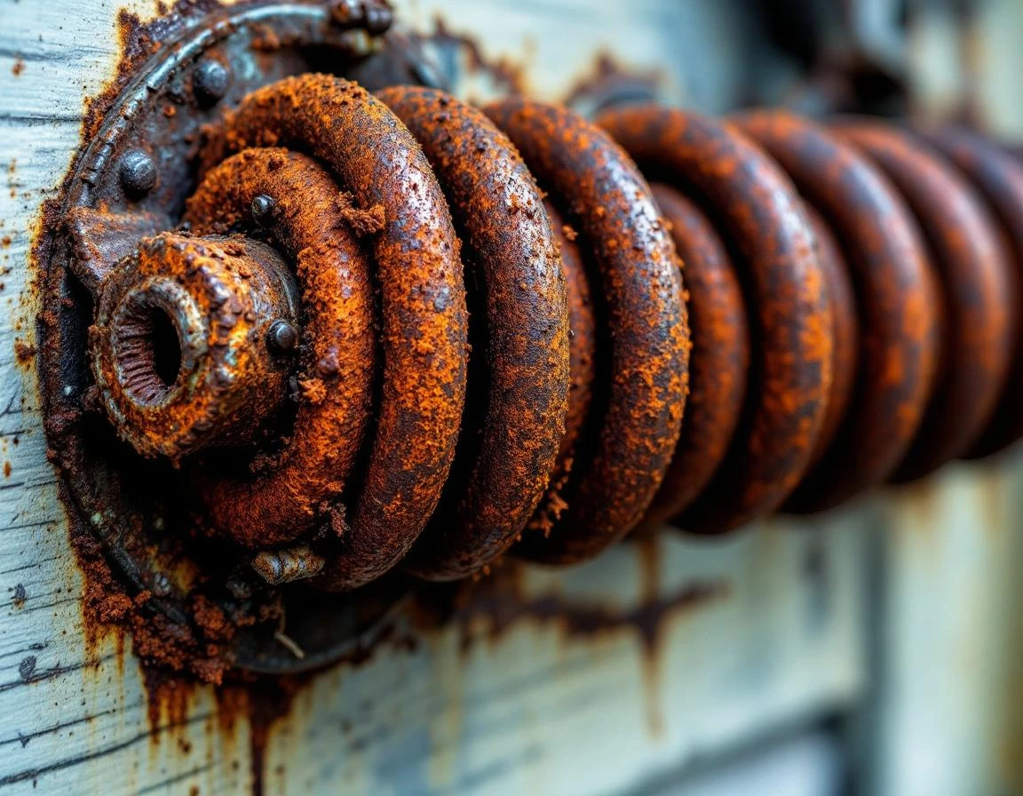 Corroded garage door torsion spring showing rust damage from Pacific Northwest moisture exposure