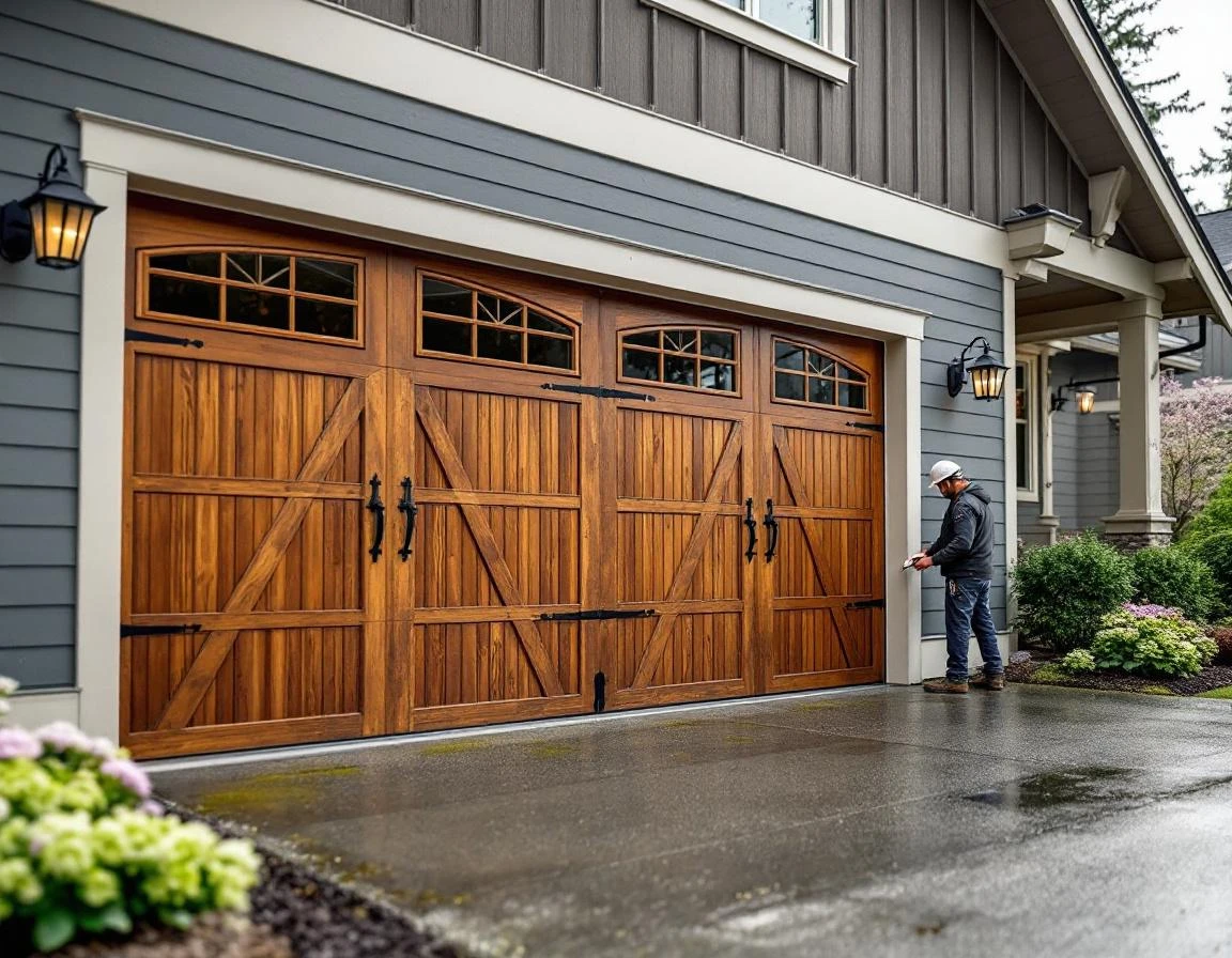 Technician weatherproofing carriage-style garage door on Camas luxury home during spring maintenance preparation