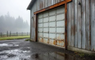 Weatherstripping detail on agricultural workshop garage door with moisture beading in foggy conditions