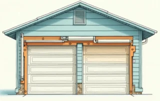 Cutaway view of 1970s garage structure highlighting door frame stress points and vulnerable connection areas