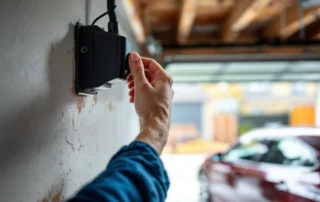 Hand testing garage door safety sensor by blocking photoelectric beam during monthly safety inspection