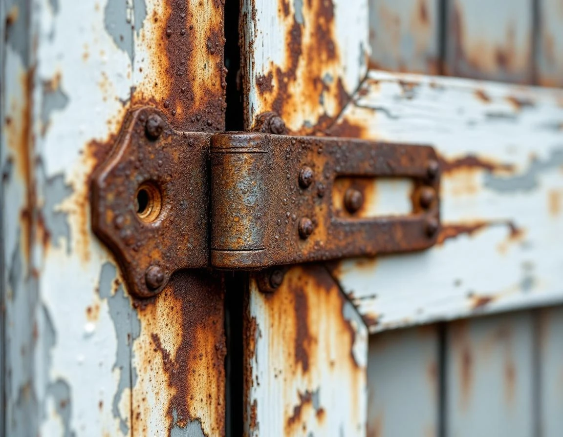 Heavily rusted garage door hinge showing corrosion damage from Longview's high rainfall climate