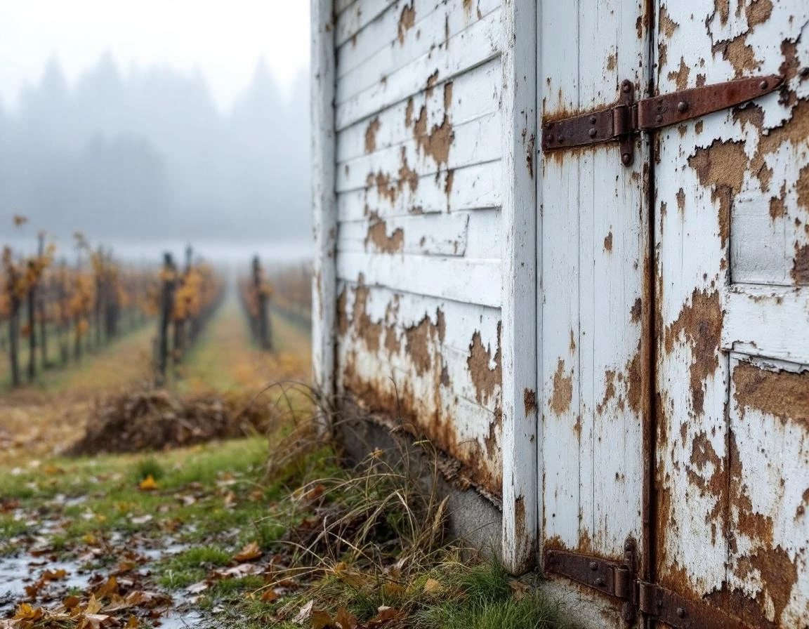 Wood rot and rust damage on vintage garage siding and hardware from Oregon wine country fog exposure