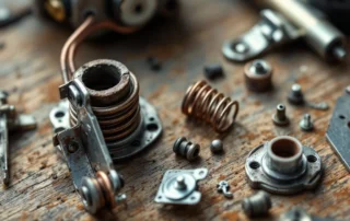 Disassembled garage door opener springs, brackets, and hardware components showing wear and patina on workbench