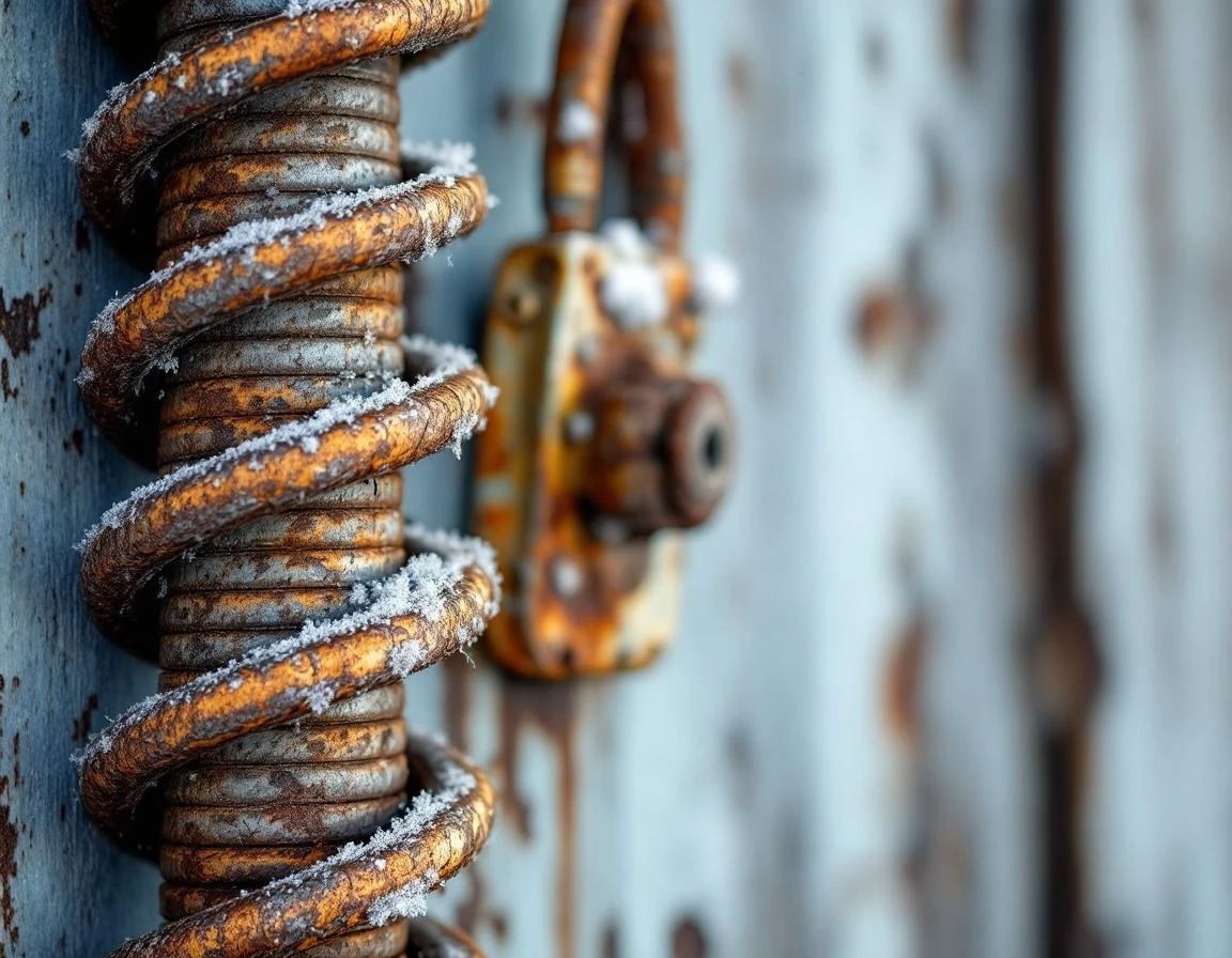 Corroded garage door spring showing stress fractures and metal fatigue from freeze-thaw cycles