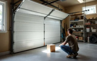 Person testing garage door auto-reverse safety mechanism with cardboard box on concrete floor