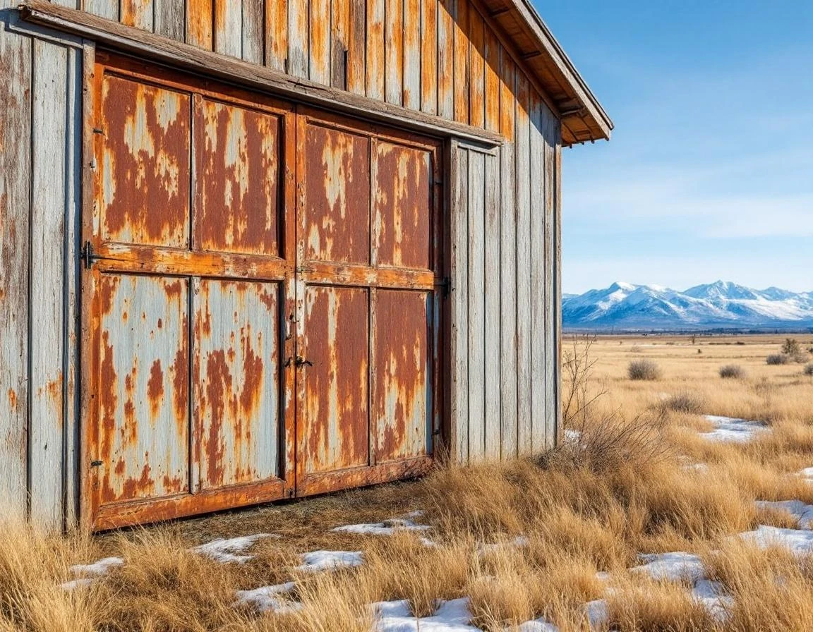 Weathered metal garage door on agricultural building in Goldendale's high desert with snow patches and distant mountains