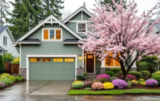 Portland craftsman home with coordinated exterior paint colors and spring blooms in natural lighting