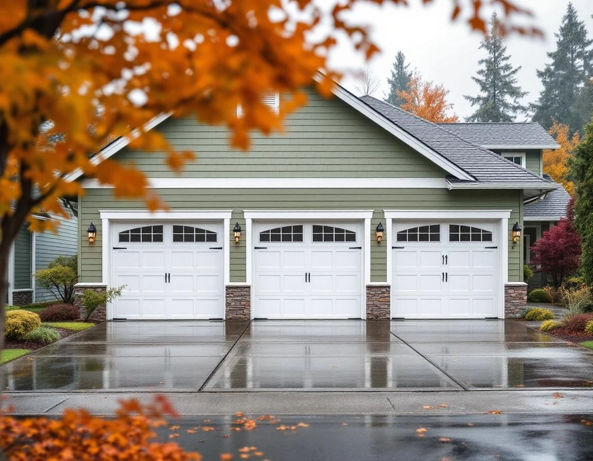 Three-car garage on Sherwood home showing wet driveway and fall landscaping during Pacific Northwest rainy season