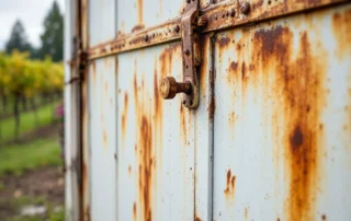 Rust damage on white garage door panel showing moisture-related corrosion in Lafayette wine country setting