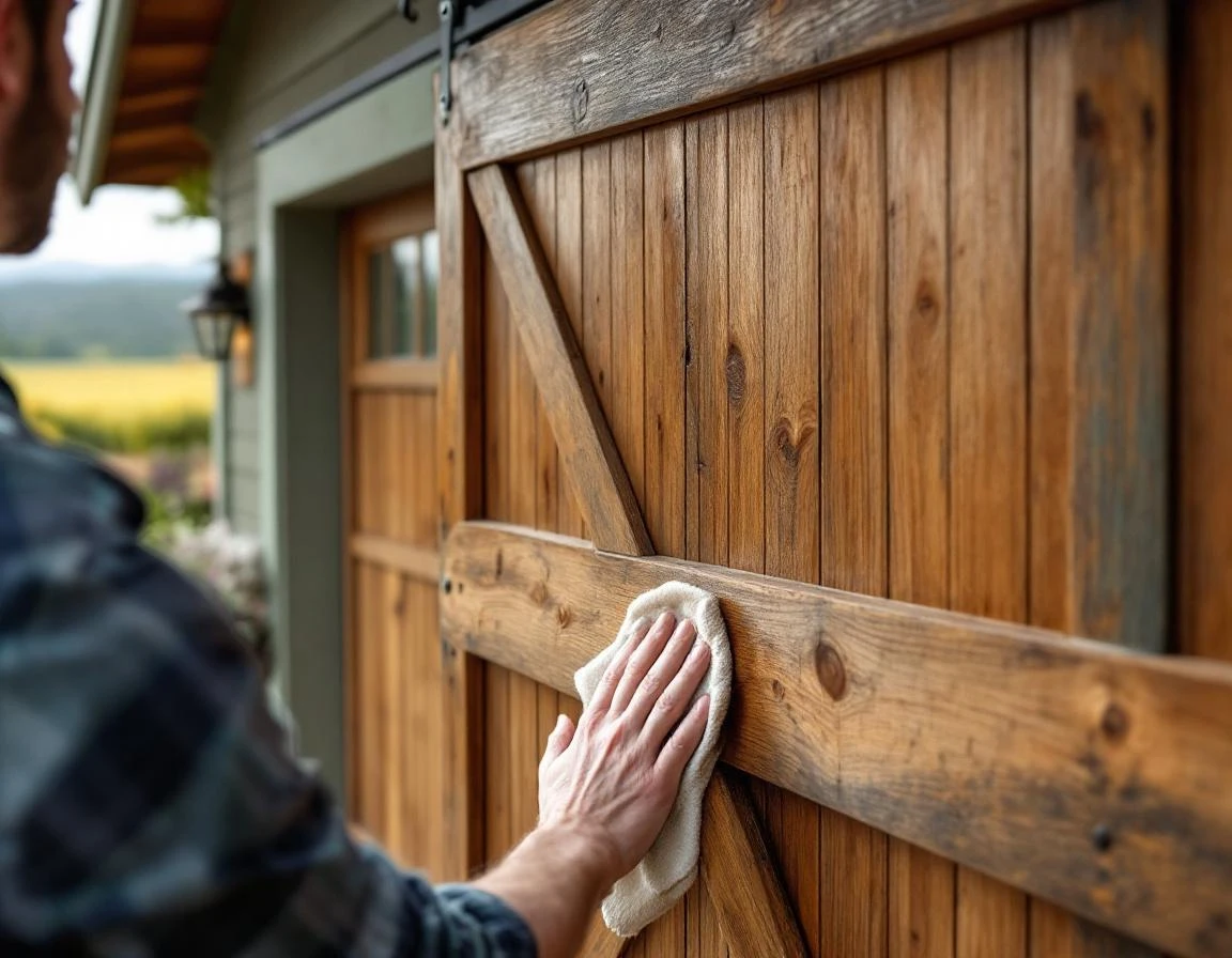 Wooden garage door receiving conditioning oil treatment on Carlton home with vineyard views in background