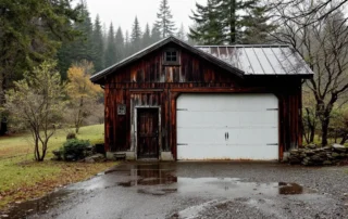 Detached barn-style garage in Banks with wet siding and metal roof on foggy April morning
