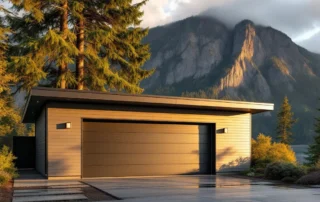 Wind-rated garage door on home in Cascade Locks with Columbia Gorge cliffs and evergreen forest backdrop