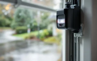Garage door safety sensor mounted on track showing proper installation and alignment for auto-reverse system