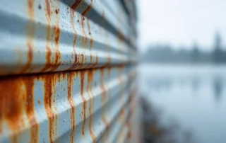 Corroded garage door panel showing rust streaks and water damage from Kalama river humidity exposure
