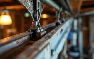 Close-up of worn garage door track rollers and hinges showing friction points that cause squeaking noises