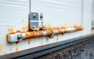 Rust corrosion on garage door spring mechanism showing moisture damage from Kelso's humid climate