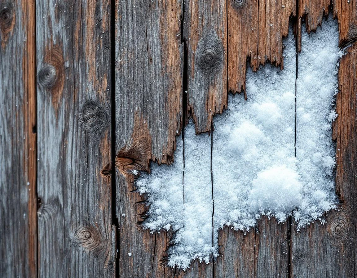 Cracked rustic garage door panel with frost damage from Central Oregon freeze-thaw cycles