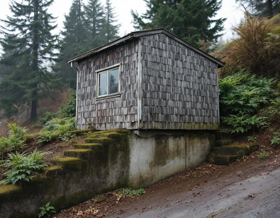 Weathered hillside garage in Oregon City showing foundation settling and vintage wood siding with natural aging