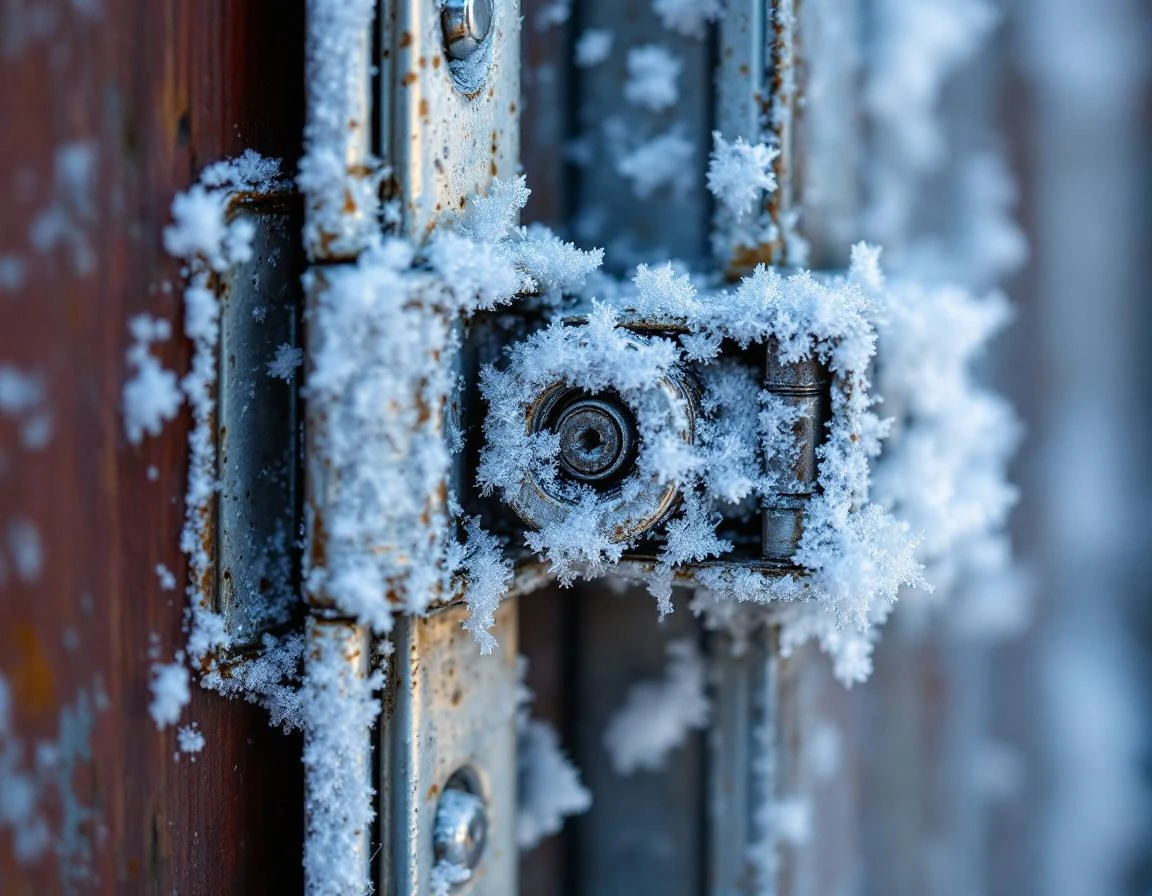 Frosted garage door hinge showing stress cracks from extreme temperature swings in high desert climate