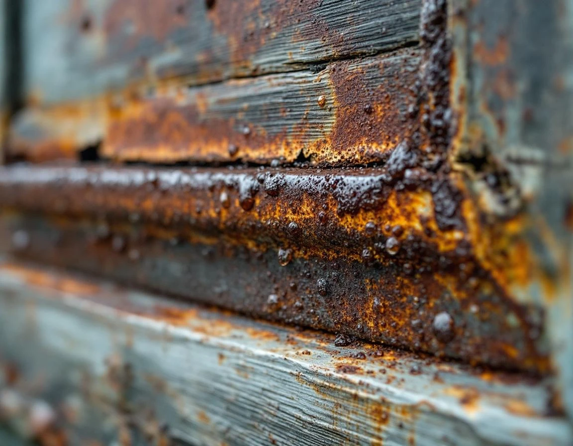 Rust and moisture damage on garage door weatherstripping from Tualatin Valley fog exposure