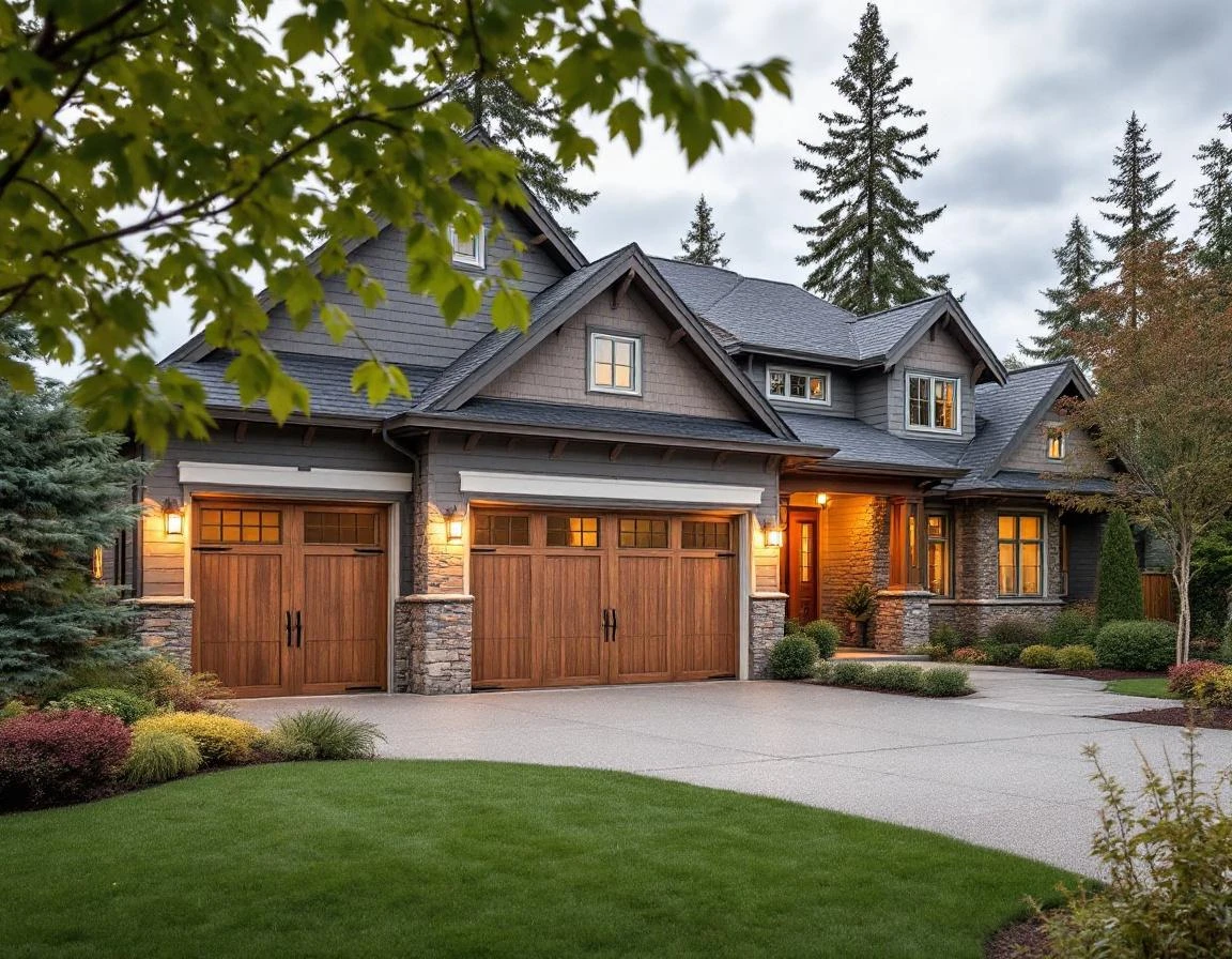 Luxury carriage-style garage doors with natural wood finish on contemporary Camas home with stone accents