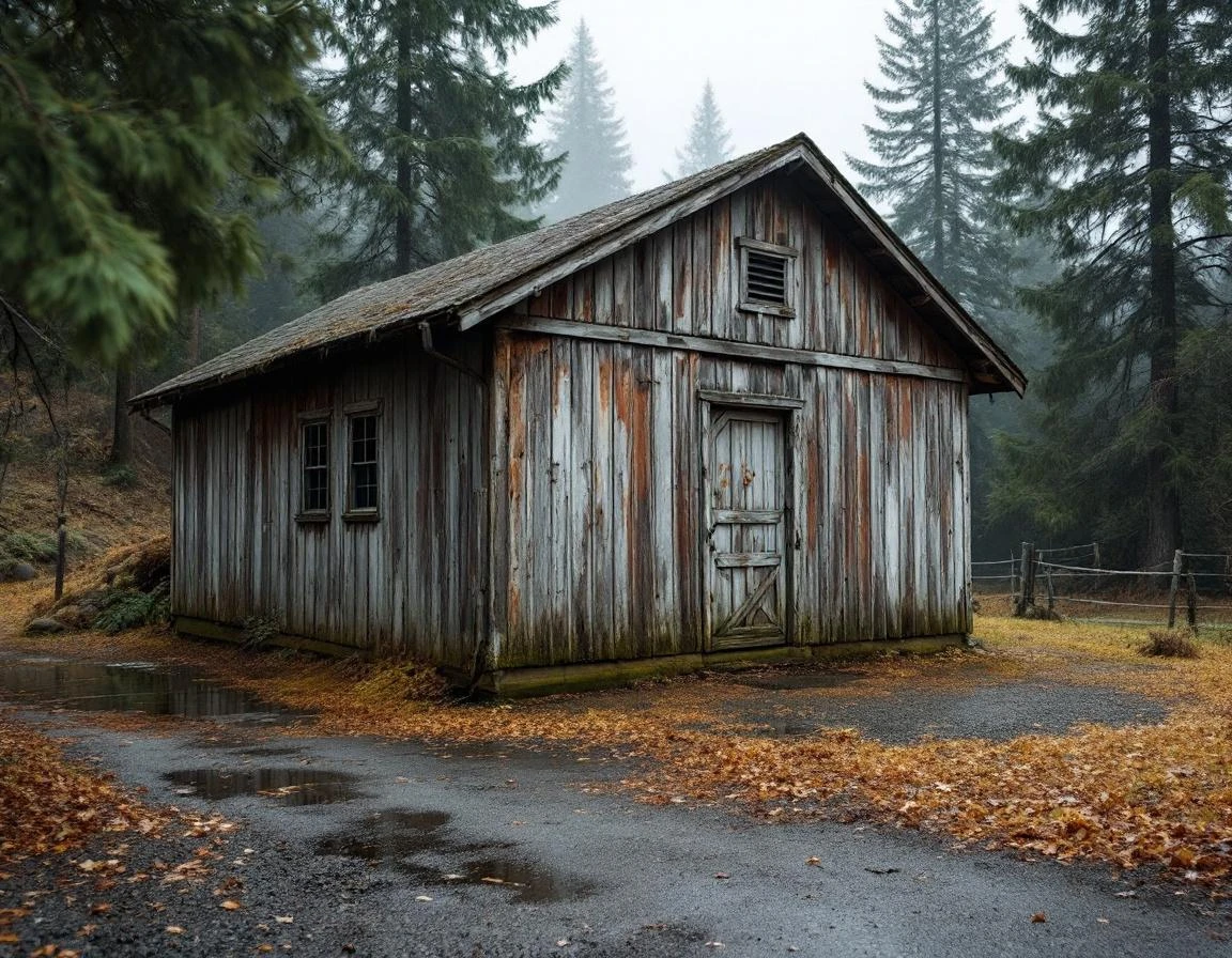 Weathered detached garage with moss and moisture damage in Canby farmland setting surrounded by conifers