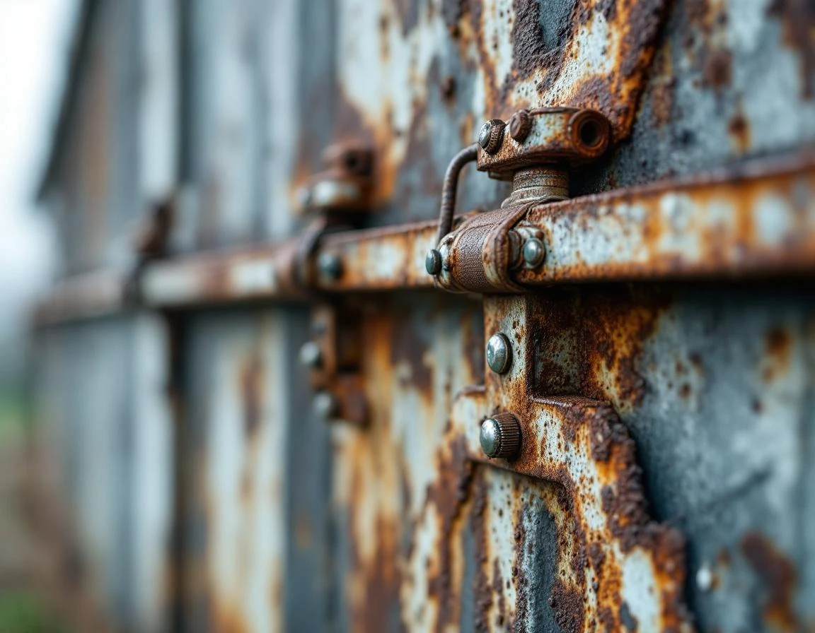Rusted metal garage door hardware with moisture droplets on agricultural building in North Plains