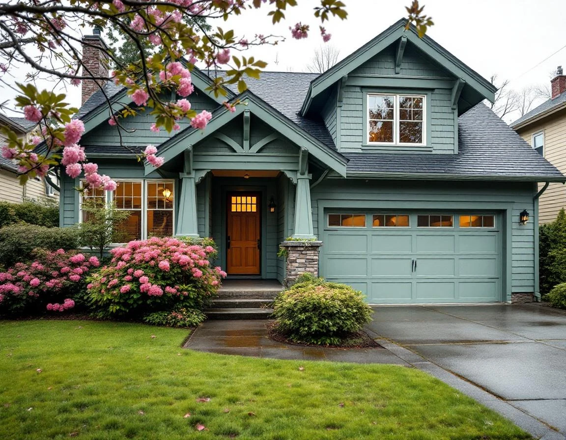 Portland Craftsman home with sage green trim and spring landscaping in natural afternoon light
