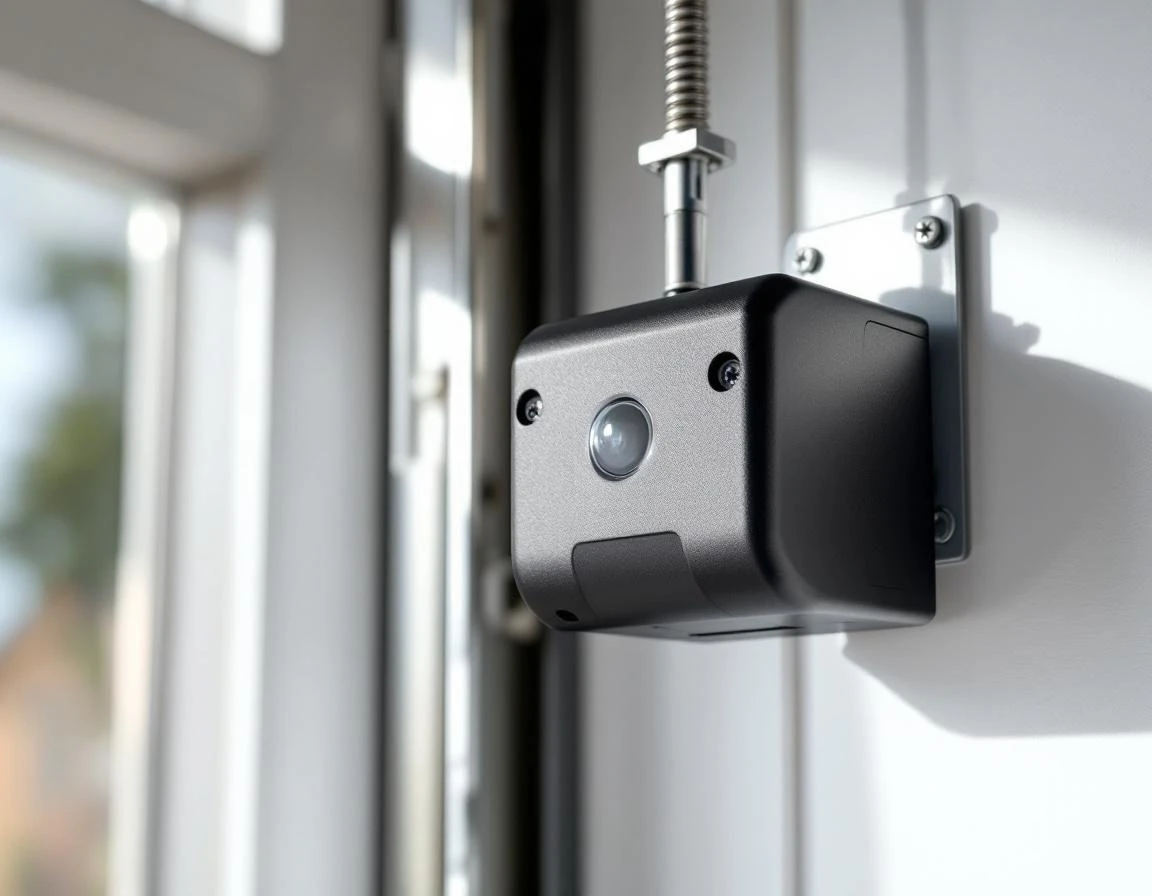 Garage door safety sensor mounted on white bracket showing proper alignment at door track level
