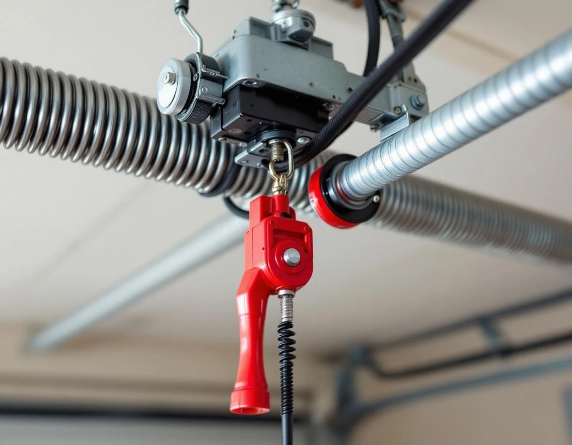 Garage door torsion spring and cable assembly showing emergency release mechanism and tensioned steel cables