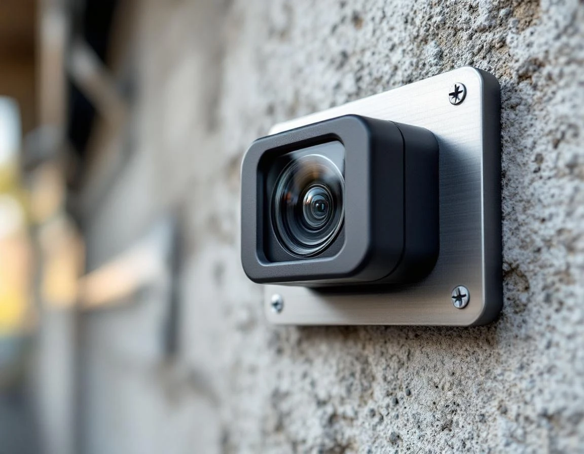 Modern garage door safety sensor mounted on concrete wall showing professional installation and optical elements