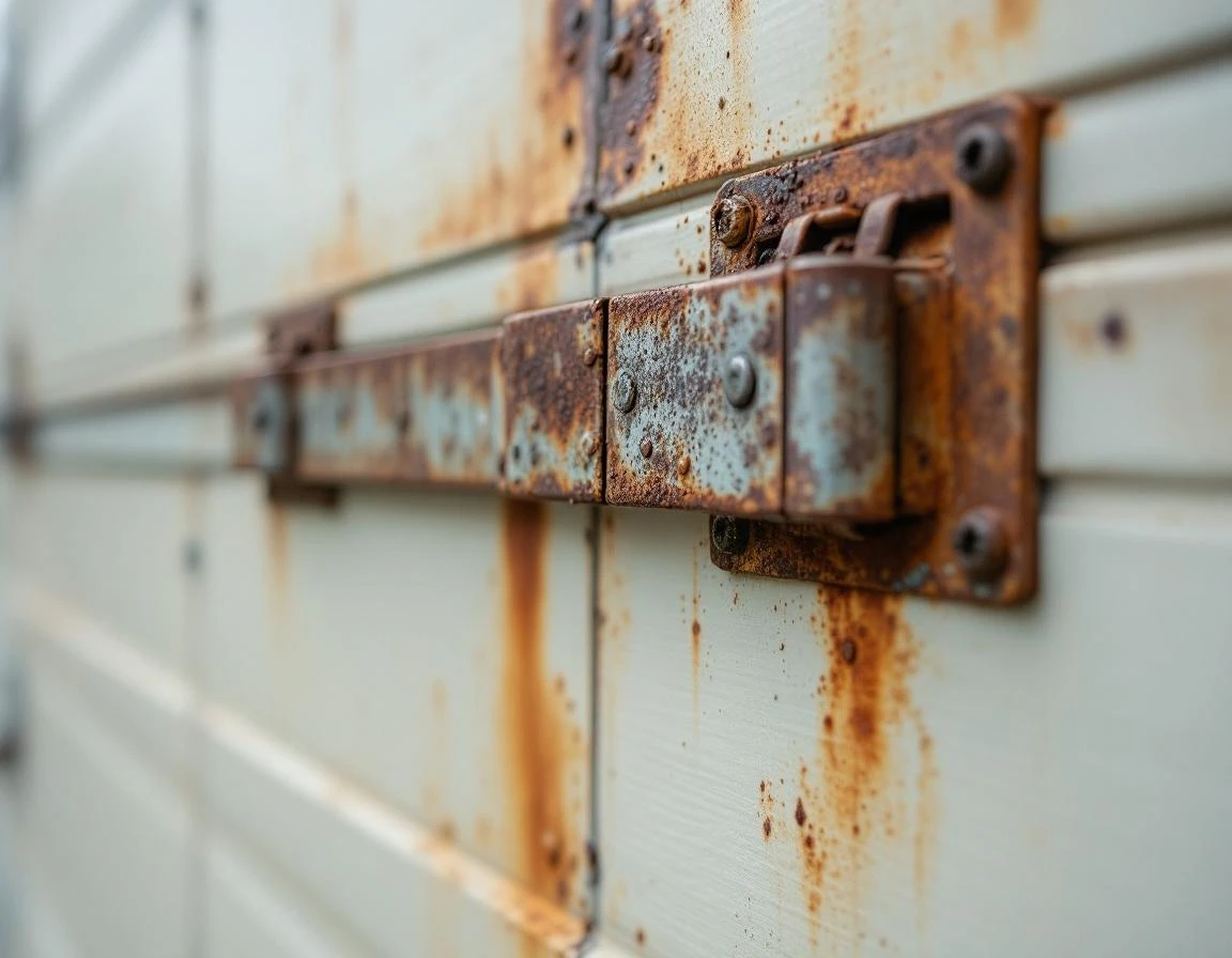 Corroded garage door hardware showing rust and salt damage typical of Castle Rock manufactured homes
