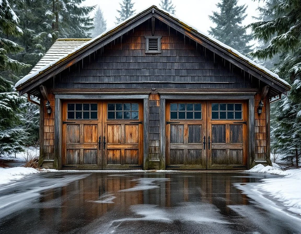 Weathered detached garage in Estacada showing winter ice damage and weatherstripping maintenance needs