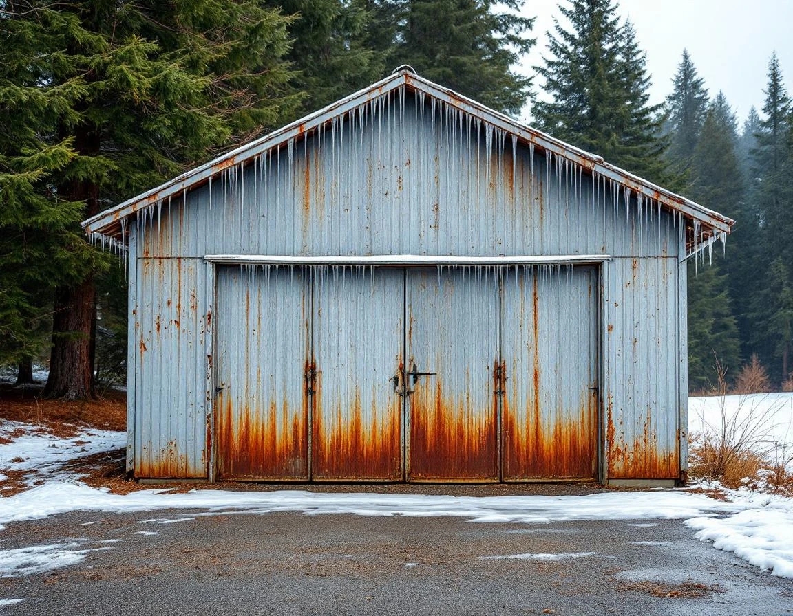 Weathered garage door with icicles and snow in Amboy foothills showing freeze-thaw conditions on rural property