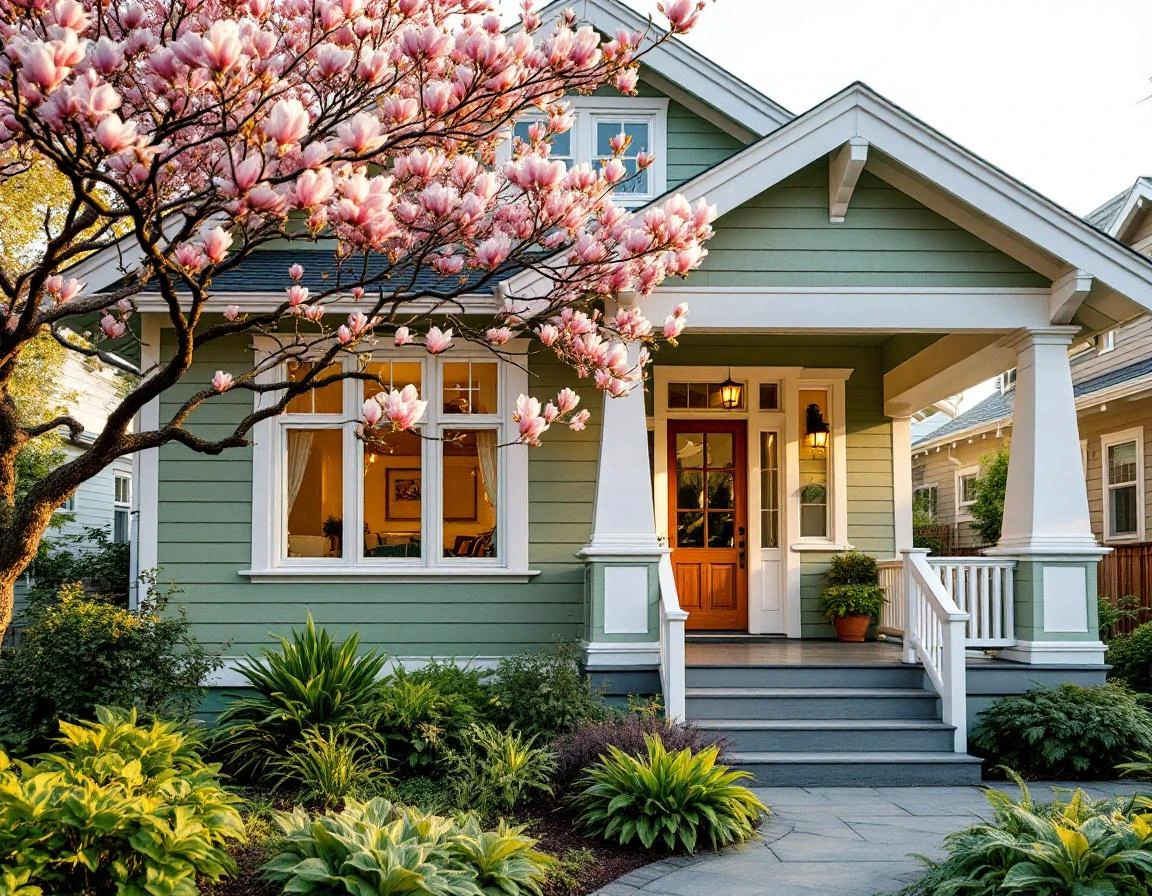 Craftsman home with sage green paint and blooming magnolia tree in Portland spring setting