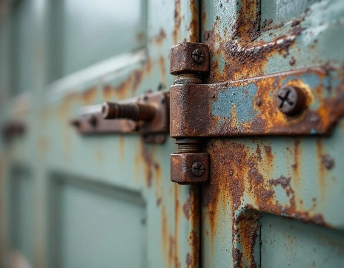Rusted vintage garage door hinge showing decades of moisture damage and natural weathering from Pacific Northwest climate